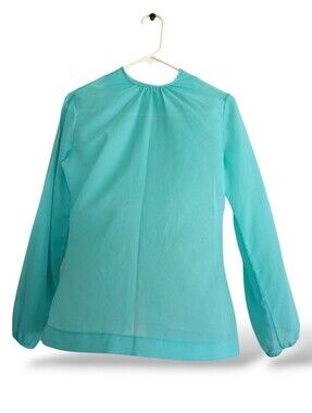 Judy Bond Vintage Aqua Blouse High Neck Sheer Button Down Back Turquoise Flowy M